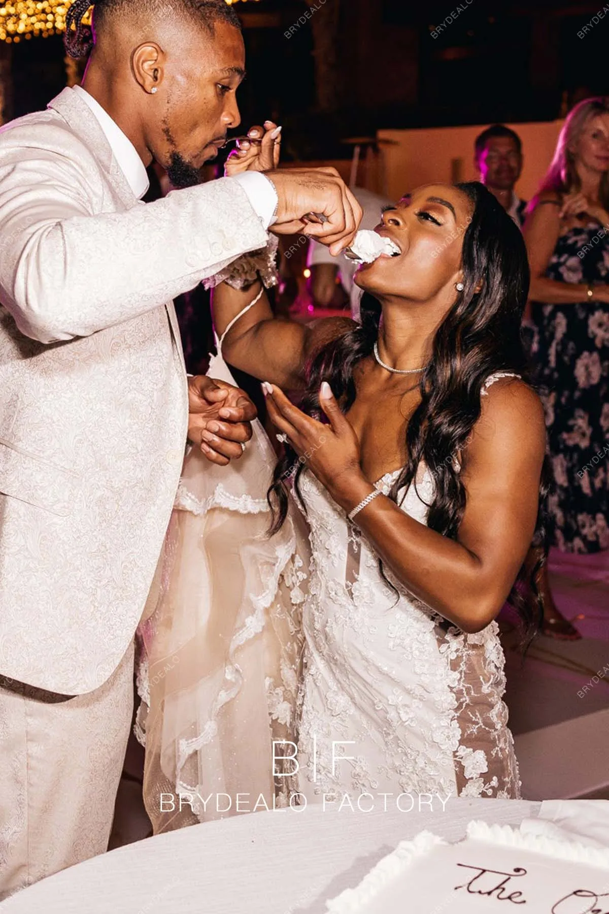Simone Biles Designer Lace Cutouts Champagne Trumpet Wedding Reception Dress