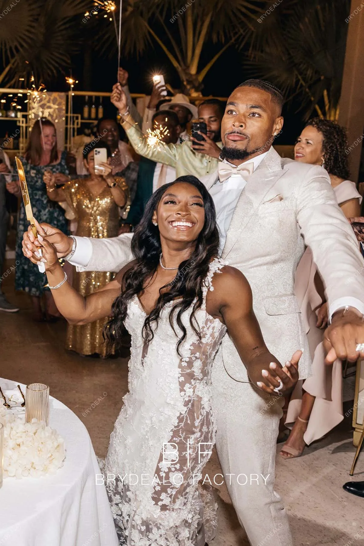 Simone Biles Designer Lace Cutouts Champagne Trumpet Wedding Reception Dress