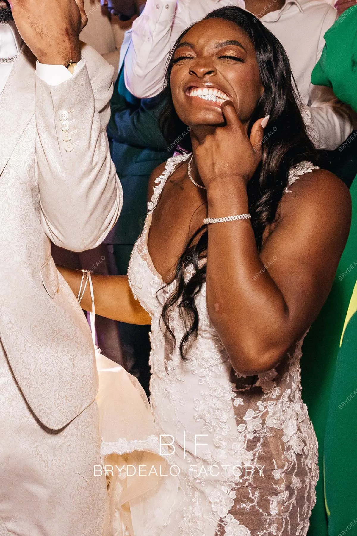 Simone Biles Designer Lace Cutouts Champagne Trumpet Wedding Reception Dress