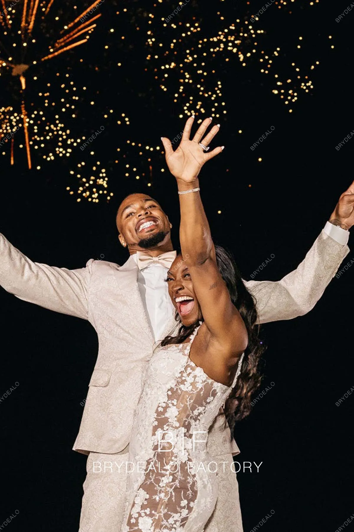 Simone Biles Designer Lace Cutouts Champagne Trumpet Wedding Reception Dress