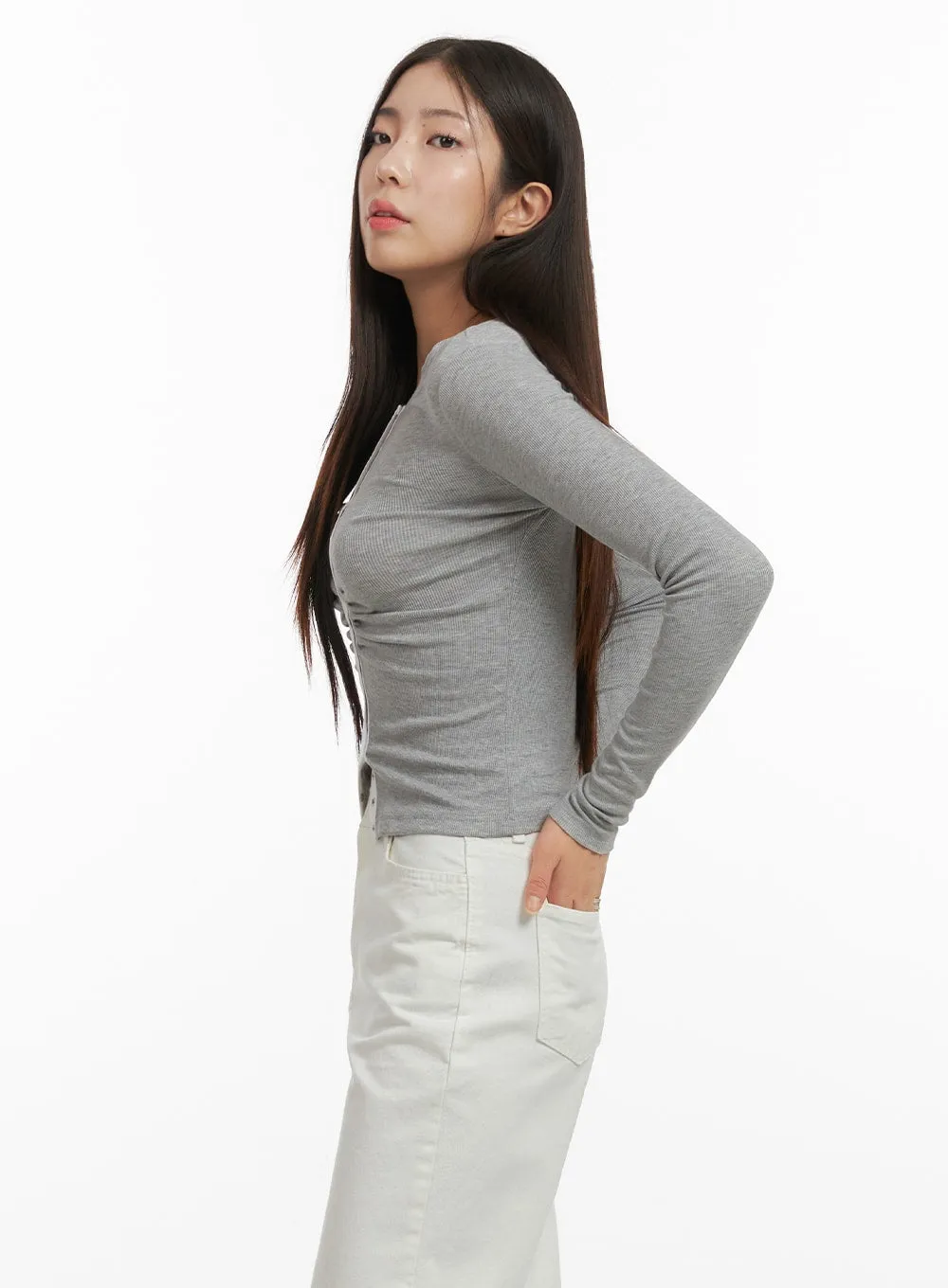 Solid Button Long Sleeve Top OA429