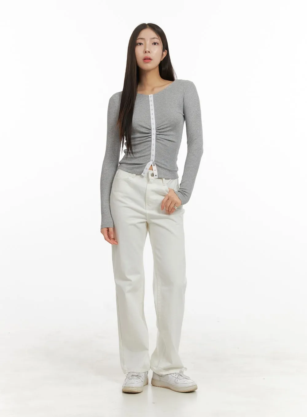 Solid Button Long Sleeve Top OA429