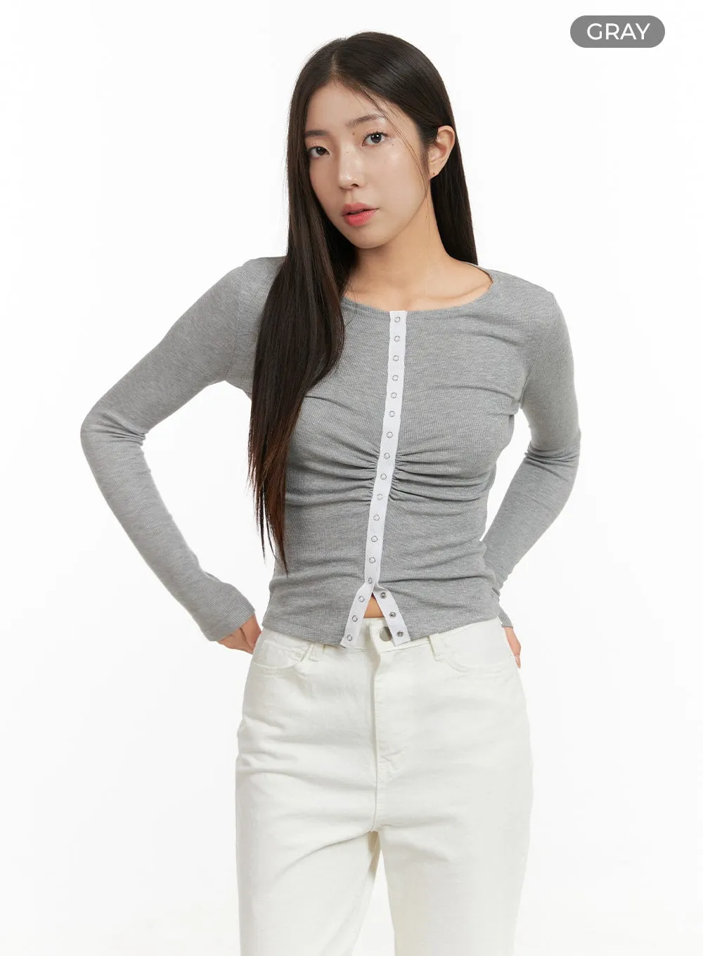 Solid Button Long Sleeve Top OA429