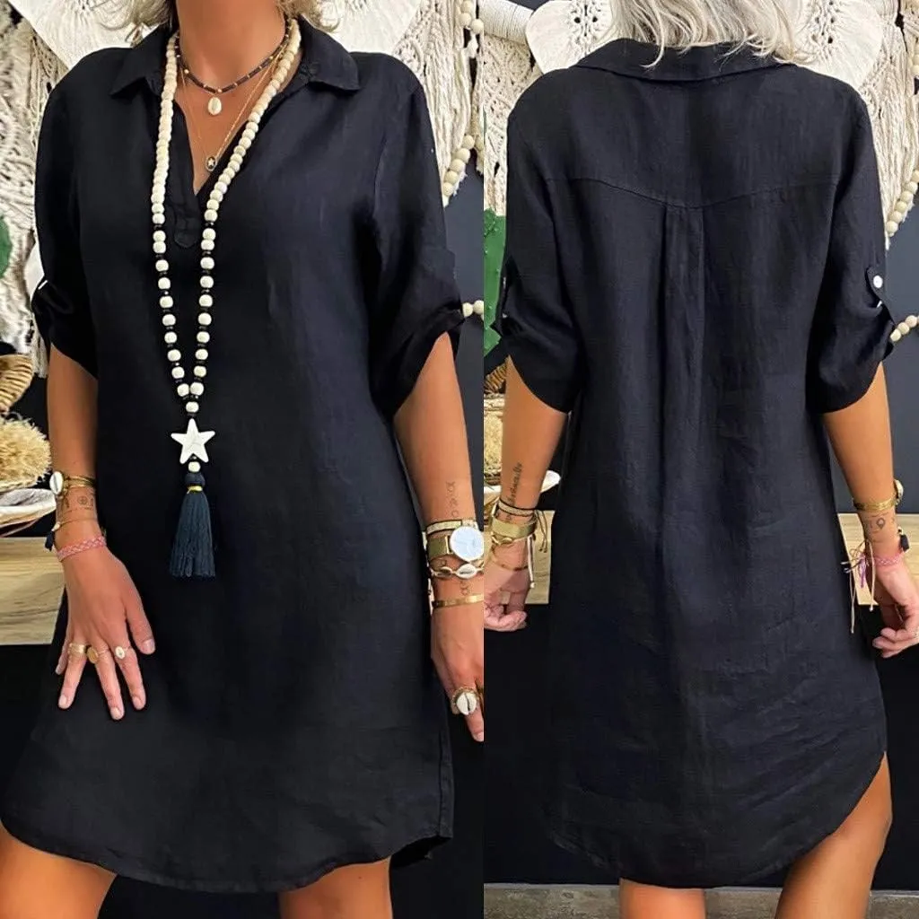 Solid Cotton Collar Dress Shirt Turn Plus Linen Size Loose Down Women Fashion Plus Size Dress Plus Size White Body Dress
