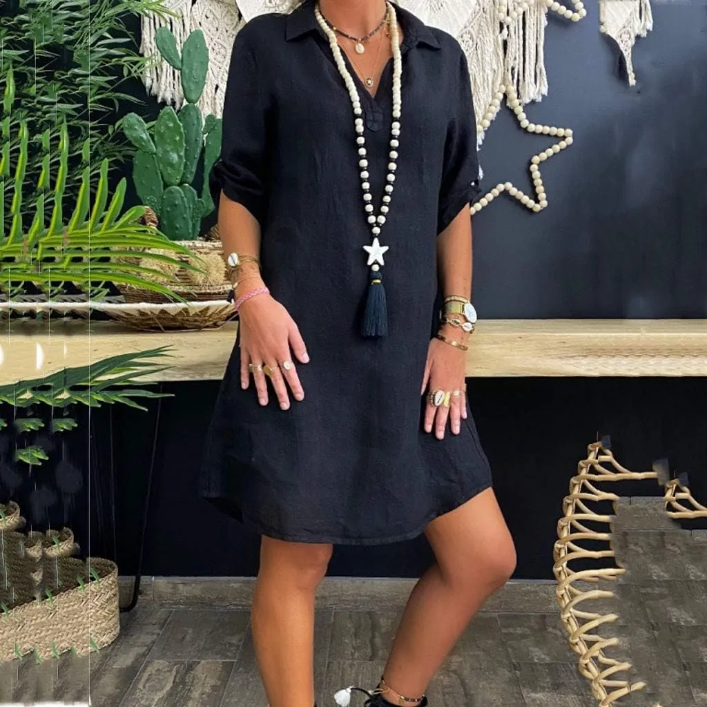 Solid Cotton Collar Dress Shirt Turn Plus Linen Size Loose Down Women Fashion Plus Size Dress Plus Size White Body Dress