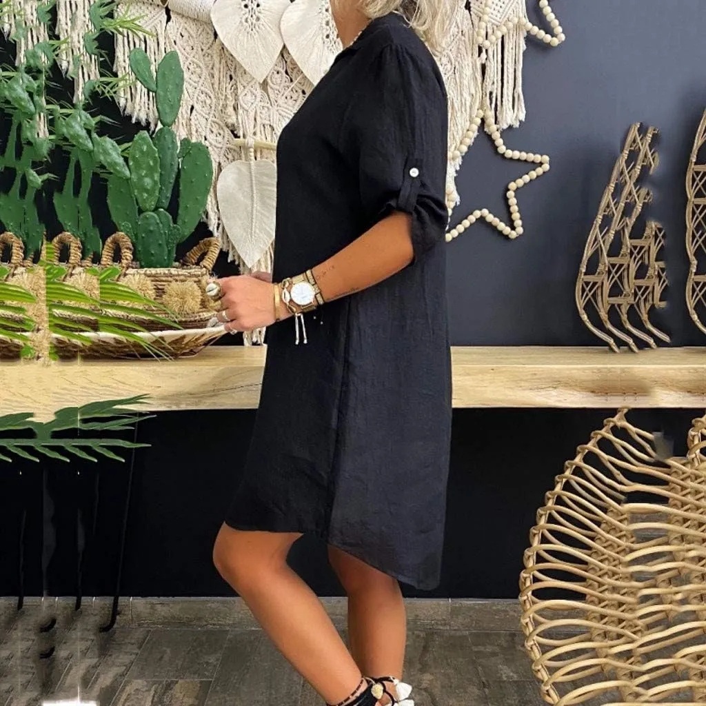 Solid Cotton Collar Dress Shirt Turn Plus Linen Size Loose Down Women Fashion Plus Size Dress Plus Size White Body Dress