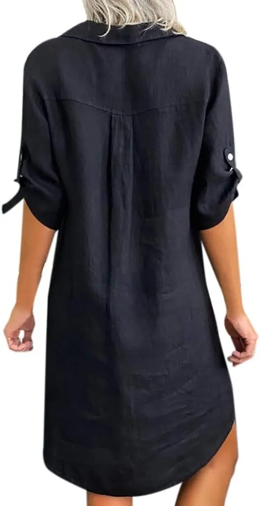 Solid Cotton Collar Dress Shirt Turn Plus Linen Size Loose Down Women Fashion Plus Size Dress Plus Size White Body Dress