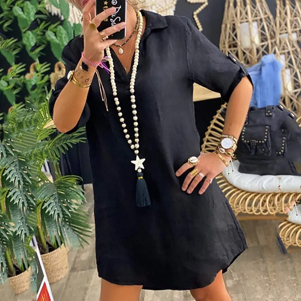 Solid Cotton Collar Dress Shirt Turn Plus Linen Size Loose Down Women Fashion Plus Size Dress Plus Size White Body Dress
