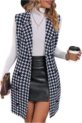SOLY HUX Women's Plaid Houndstooth Print Blazer Long Vest Top Sleeveless Cardigan Jacket