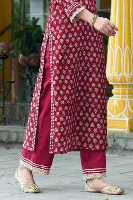Straight Fit Pants In Maroon Cotton Fabric