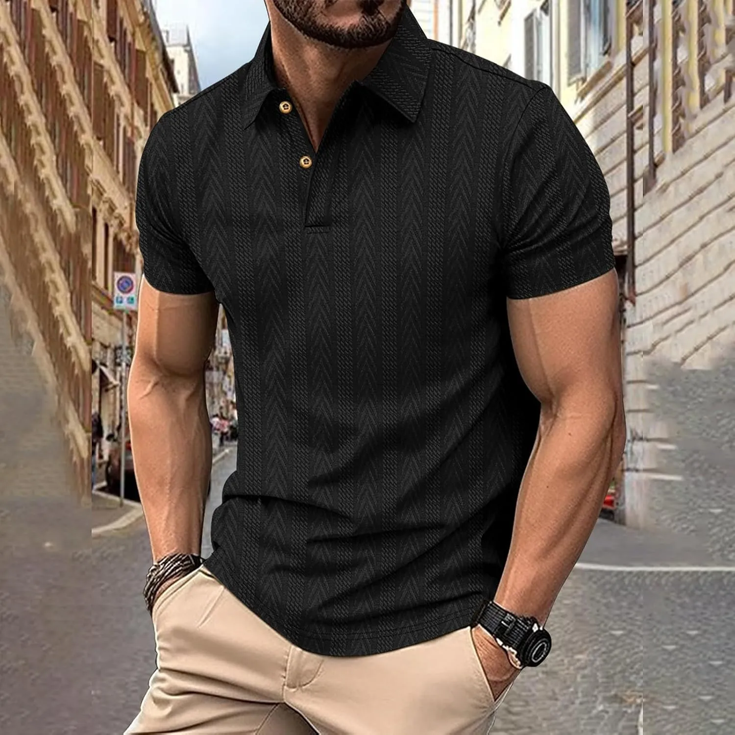 Summer Casual Polo Shirts for Men Button up Short Sleeve Textured Workout T-Shirts Casual Basic Office Business Tops