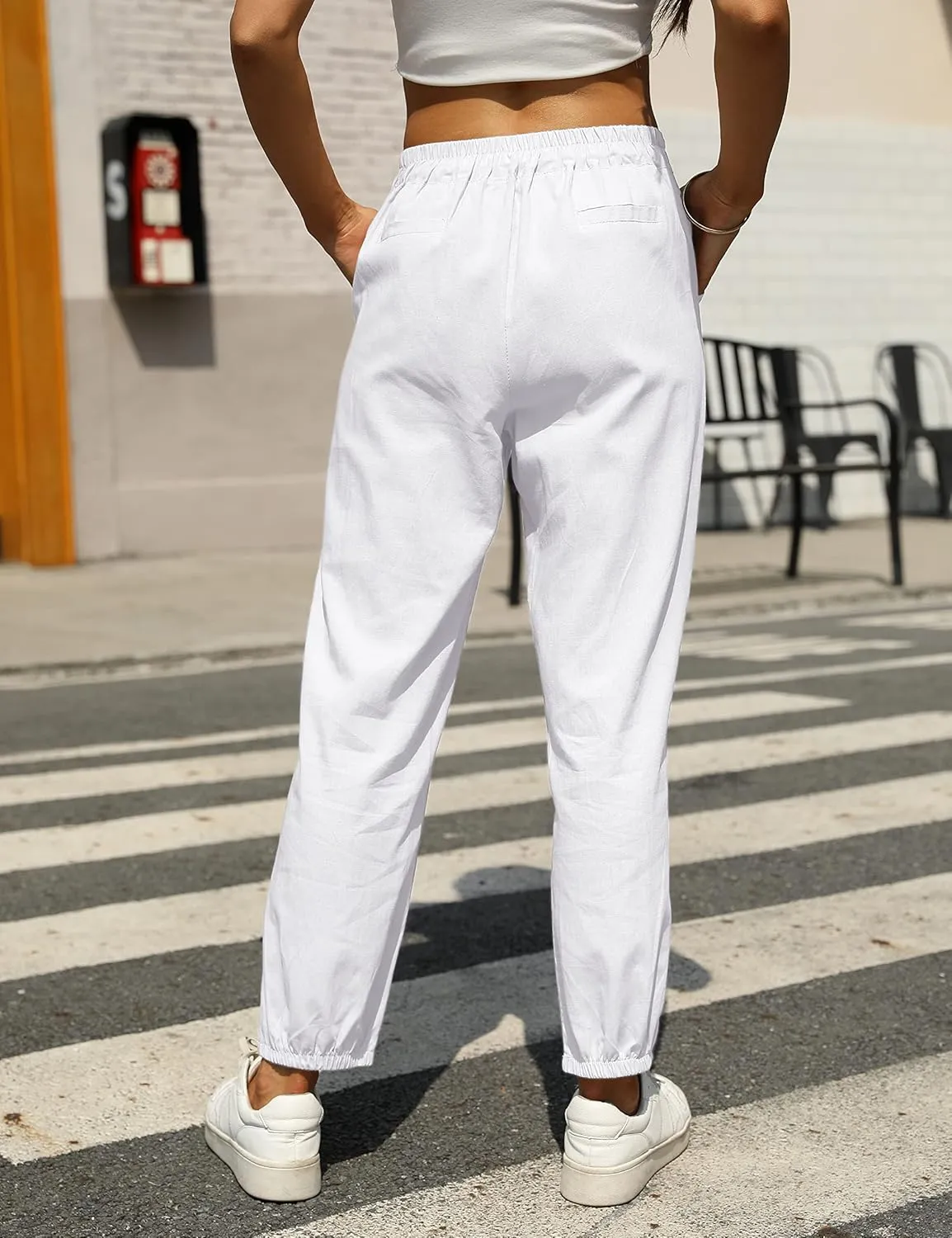 Tanming Linen Pants for Women Summer Casual High Waisted Drawstring White Beach Pant