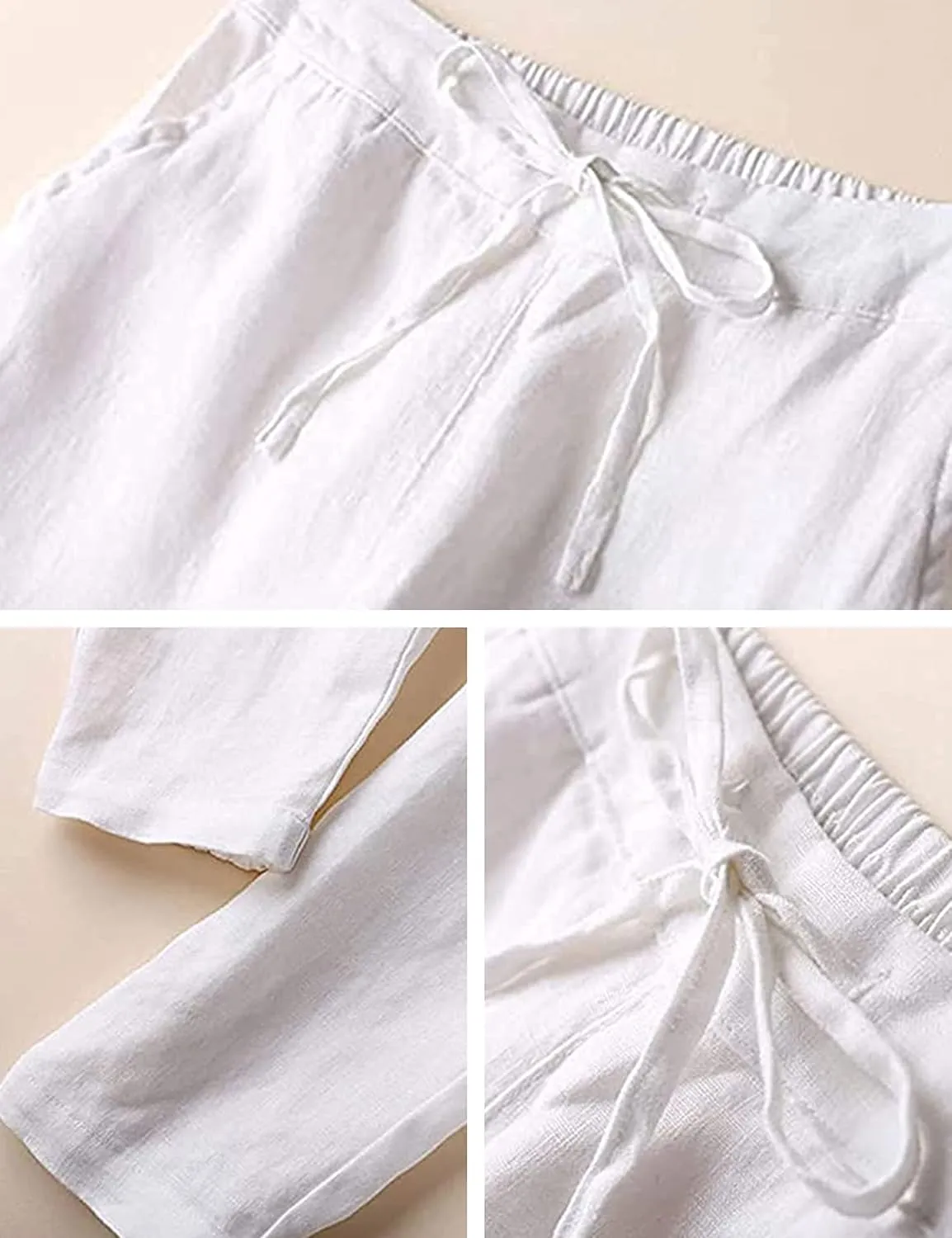 Tanming Linen Pants for Women Summer Casual High Waisted Drawstring White Beach Pant