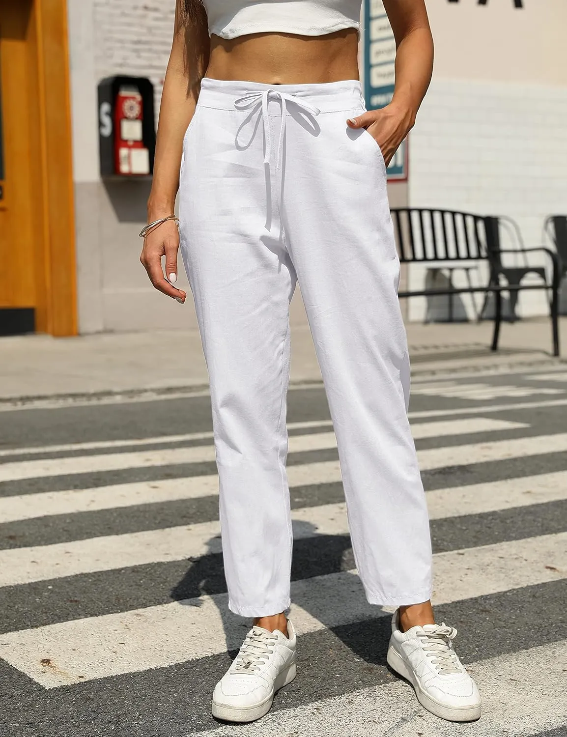 Tanming Linen Pants for Women Summer Casual High Waisted Drawstring White Beach Pant