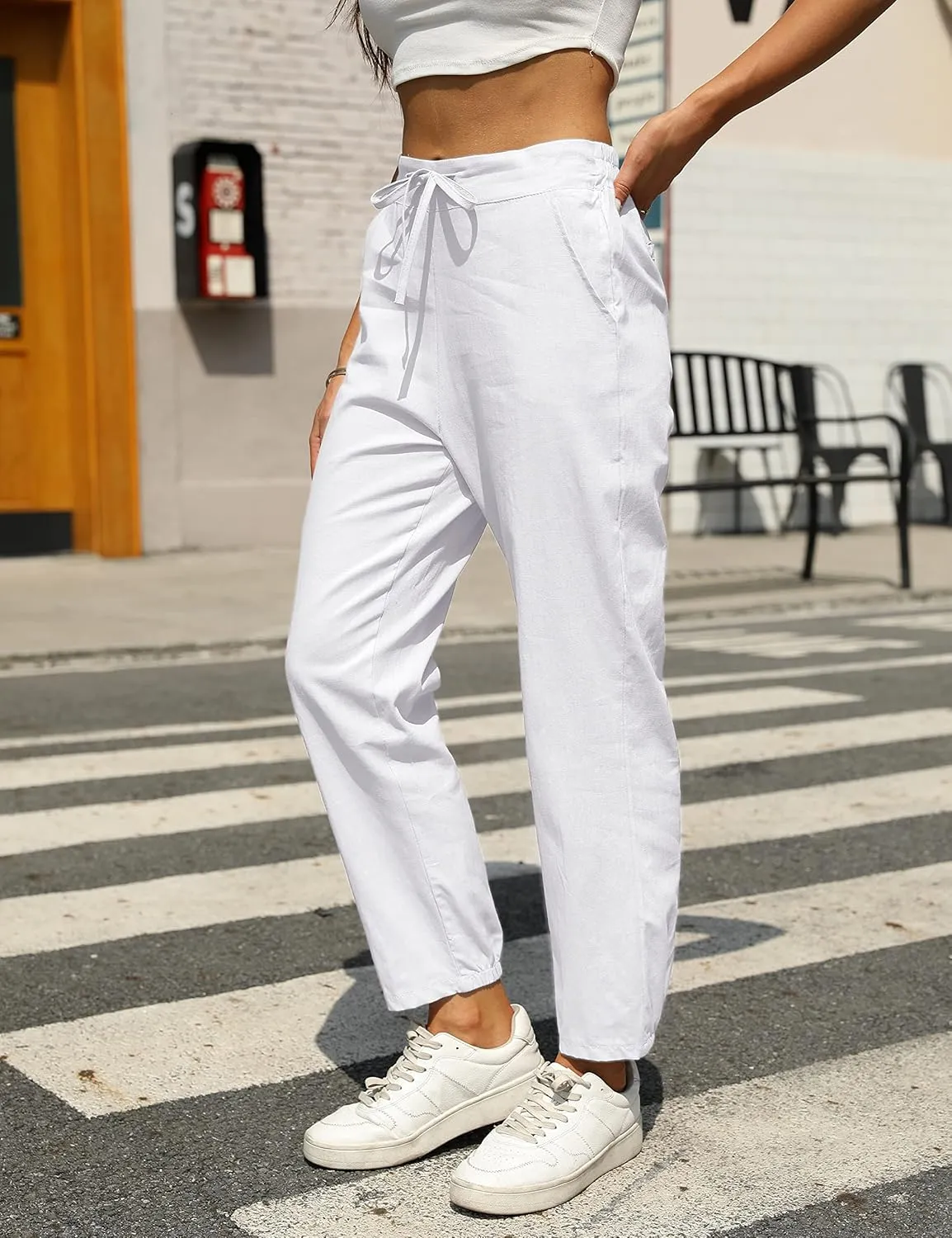 Tanming Linen Pants for Women Summer Casual High Waisted Drawstring White Beach Pant