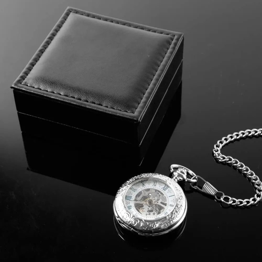 Tiong Brown/Black Vintage Classic Personalization 47mm Pu Leather Pocket Watch Box Customized Holder Storage Case Coin Pouch Storage with Chain