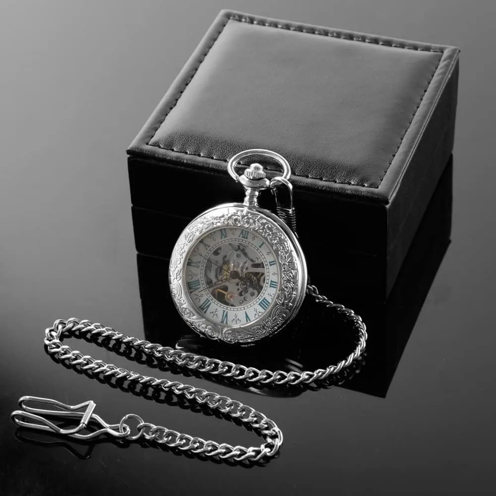 Tiong Brown/Black Vintage Classic Personalization 47mm Pu Leather Pocket Watch Box Customized Holder Storage Case Coin Pouch Storage with Chain