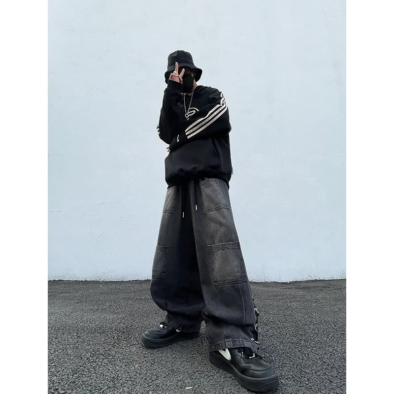 Toleet Harajuku style Japanese Style Men's Jeans Spring New Retro Distressed Washed Workwear Loose Leg Pants