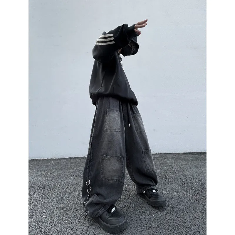 Toleet Harajuku style Japanese Style Men's Jeans Spring New Retro Distressed Washed Workwear Loose Leg Pants