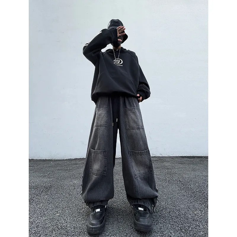 Toleet Harajuku style Japanese Style Men's Jeans Spring New Retro Distressed Washed Workwear Loose Leg Pants