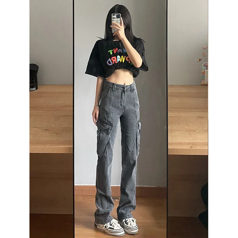 Toleet leapord Winter outfit Plus Size Retro Gray Straight Jeans Women's Street Style Hip Hop High Waist Tooling Wide Leg Pants
