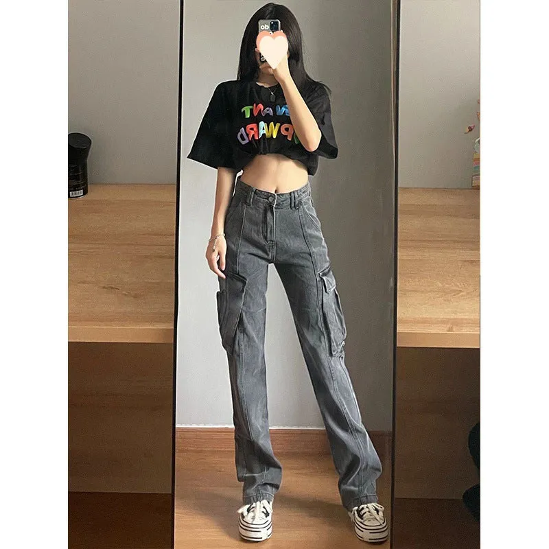 Toleet leapord Winter outfit Plus Size Retro Gray Straight Jeans Women's Street Style Hip Hop High Waist Tooling Wide Leg Pants
