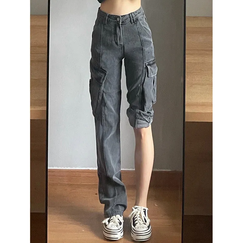 Toleet leapord Winter outfit Plus Size Retro Gray Straight Jeans Women's Street Style Hip Hop High Waist Tooling Wide Leg Pants