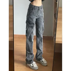 Toleet leapord Winter outfit Plus Size Retro Gray Straight Jeans Women's Street Style Hip Hop High Waist Tooling Wide Leg Pants