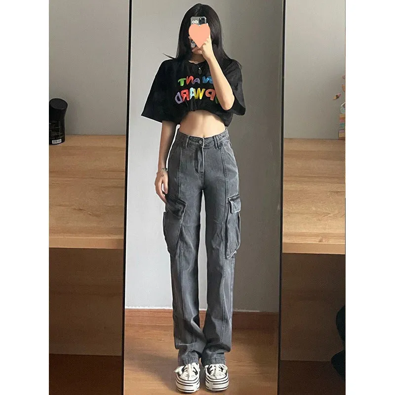 Toleet leapord Winter outfit Plus Size Retro Gray Straight Jeans Women's Street Style Hip Hop High Waist Tooling Wide Leg Pants