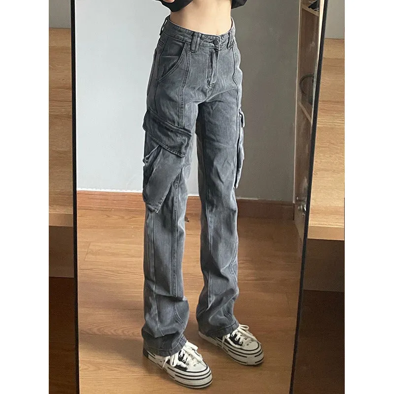 Toleet leapord Winter outfit Plus Size Retro Gray Straight Jeans Women's Street Style Hip Hop High Waist Tooling Wide Leg Pants