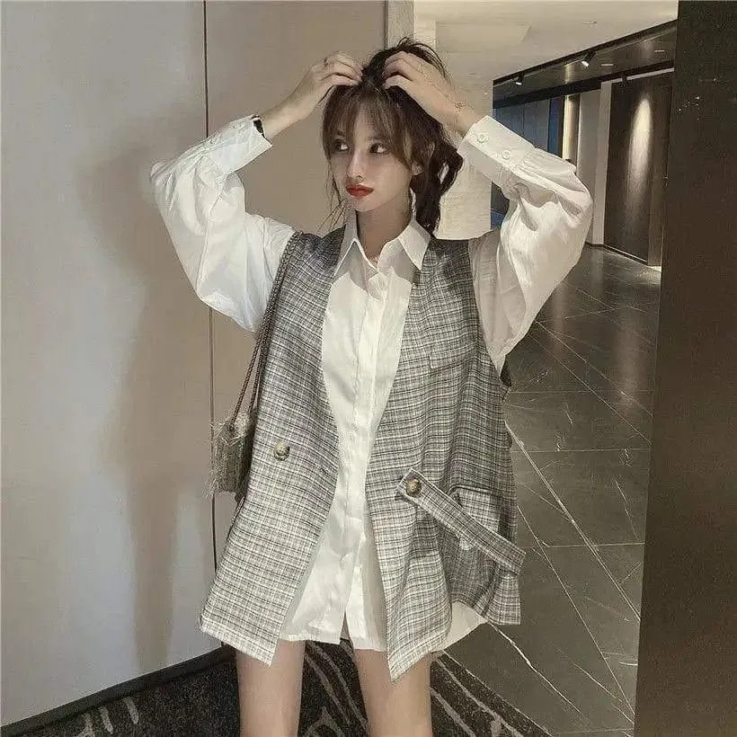 Two-piece Blouse Women's Mid-length Net Red Plaid Vest