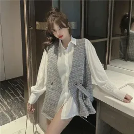 Two-piece Blouse Women's Mid-length Net Red Plaid Vest