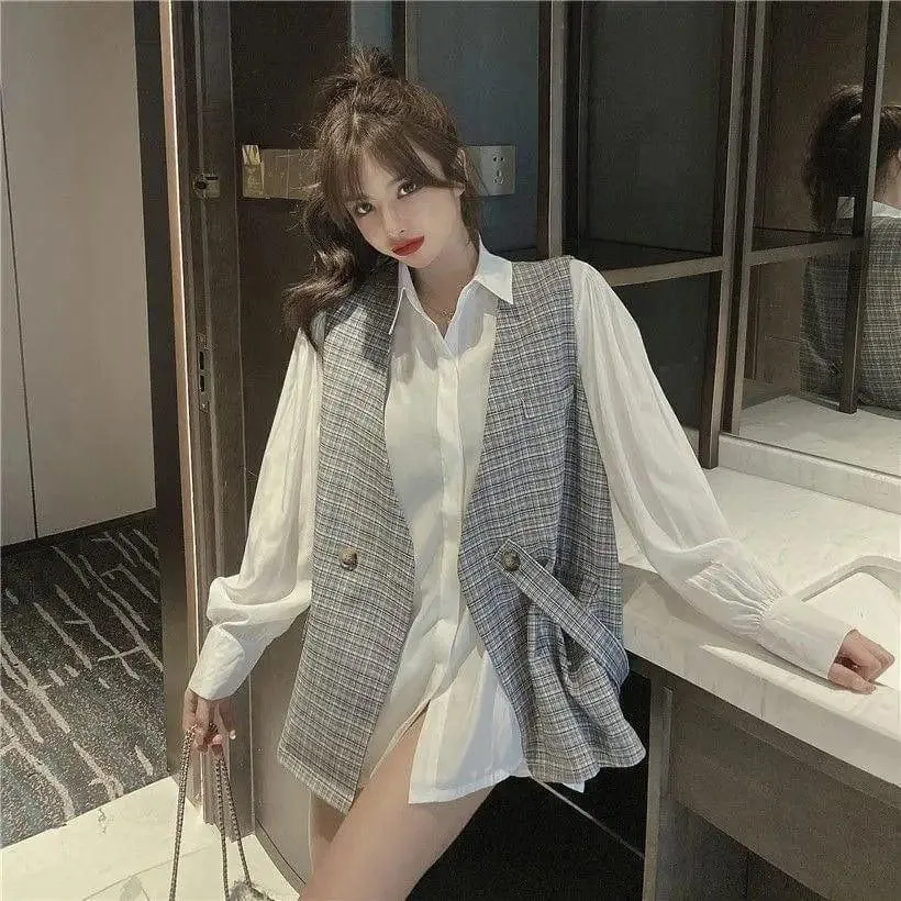 Two-piece Blouse Women's Mid-length Net Red Plaid Vest