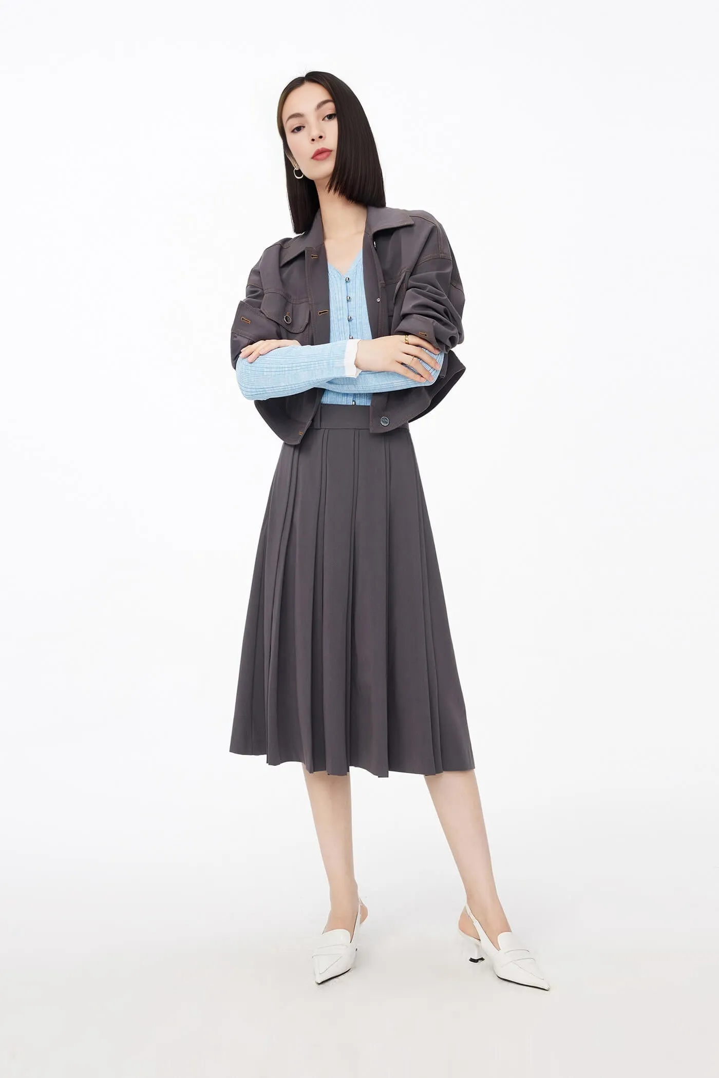 Unique High-Waisted Double-Pleated Skirt