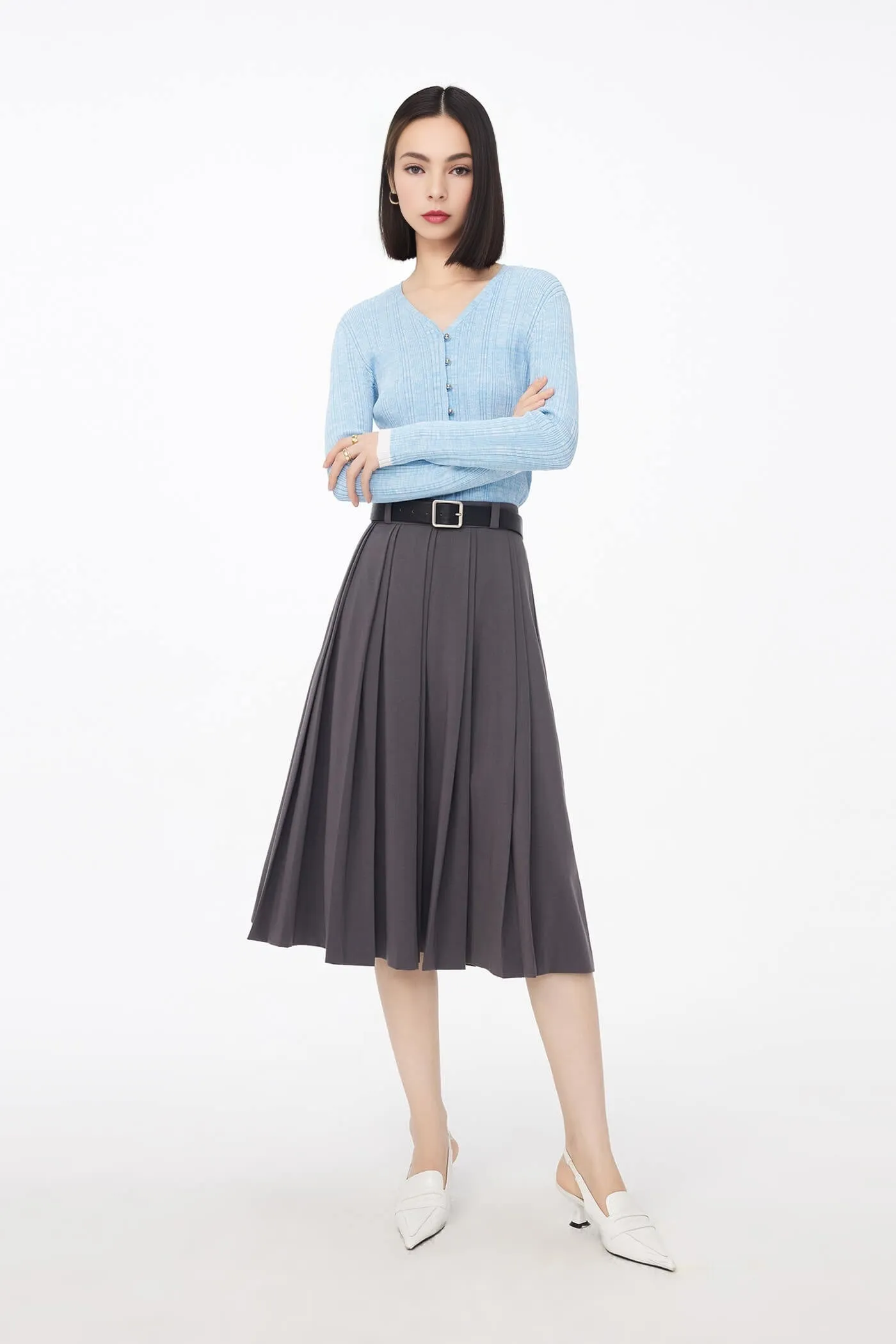Unique High-Waisted Double-Pleated Skirt