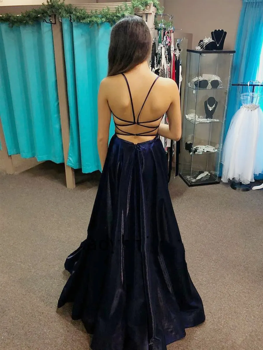 V Neck Backless Navy Blue Satin Long Prom, Long Dark Blue Formal Graduation Evening