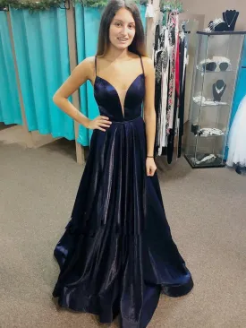 V Neck Backless Navy Blue Satin Long Prom, Long Dark Blue Formal Graduation Evening