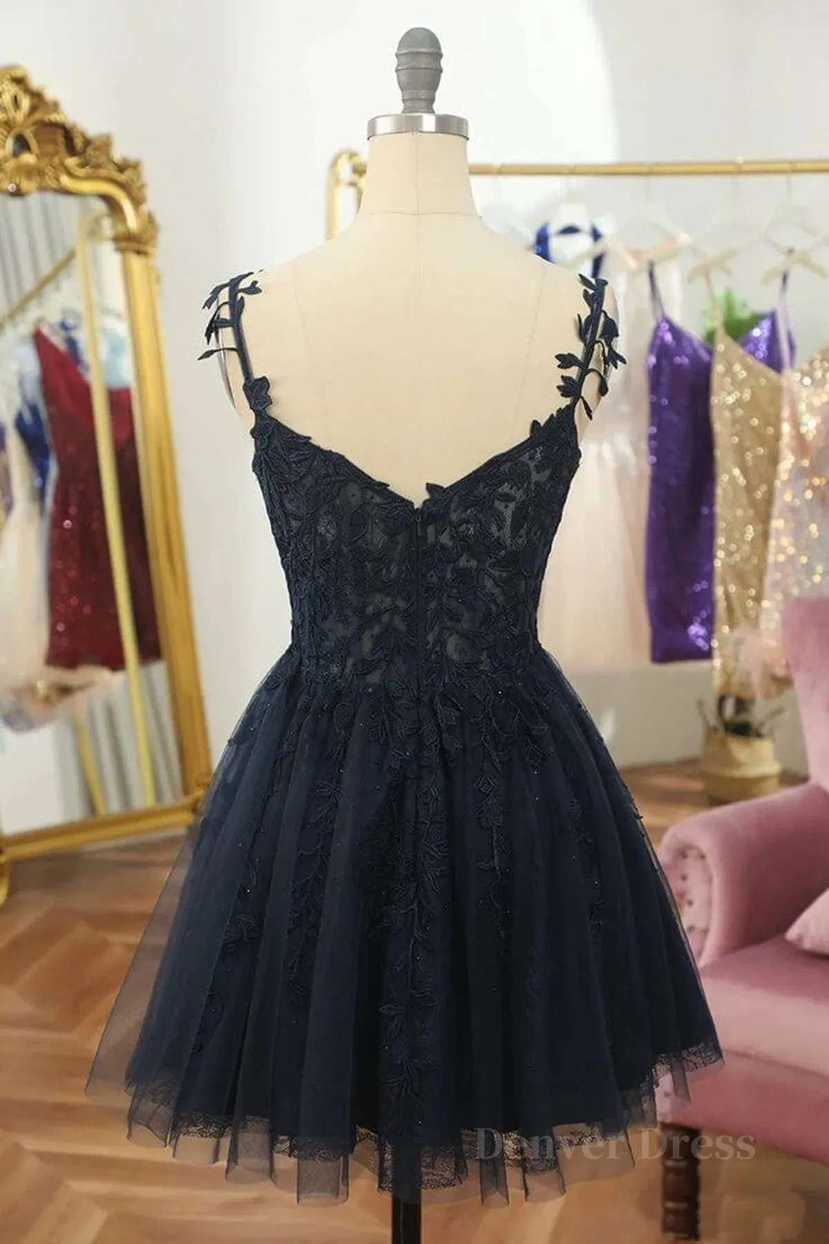 V Neck Beaded Navy Blue Lace Prom Dress Navy Blue Lace Homecoming Dress Short Navy Blue Formal Graduation Evening Dress