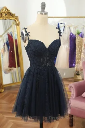 V Neck Beaded Navy Blue Lace Prom Dress Navy Blue Lace Homecoming Dress Short Navy Blue Formal Graduation Evening Dress
