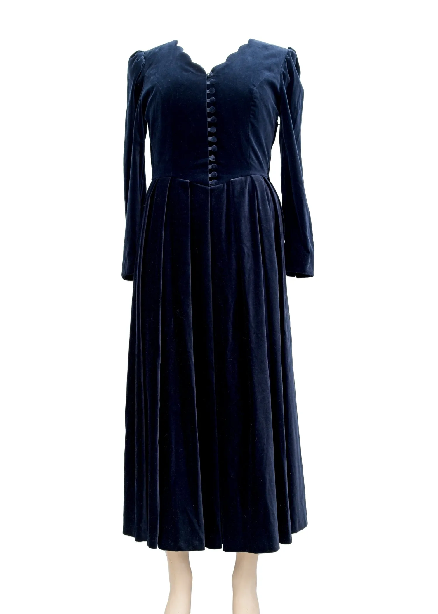 Vintage Laura Ashley Midnight Blue Velvet Long Sleeve Dress • UK 16