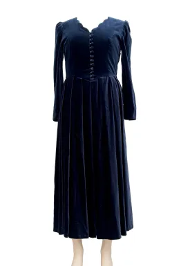 Vintage Laura Ashley Midnight Blue Velvet Long Sleeve Dress • UK 16