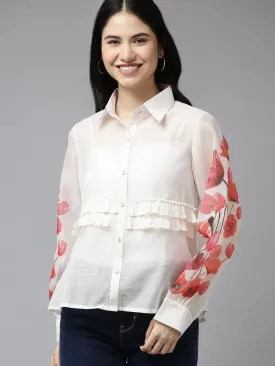 White & Red Floral Detail Ruffles Shirt Style Top