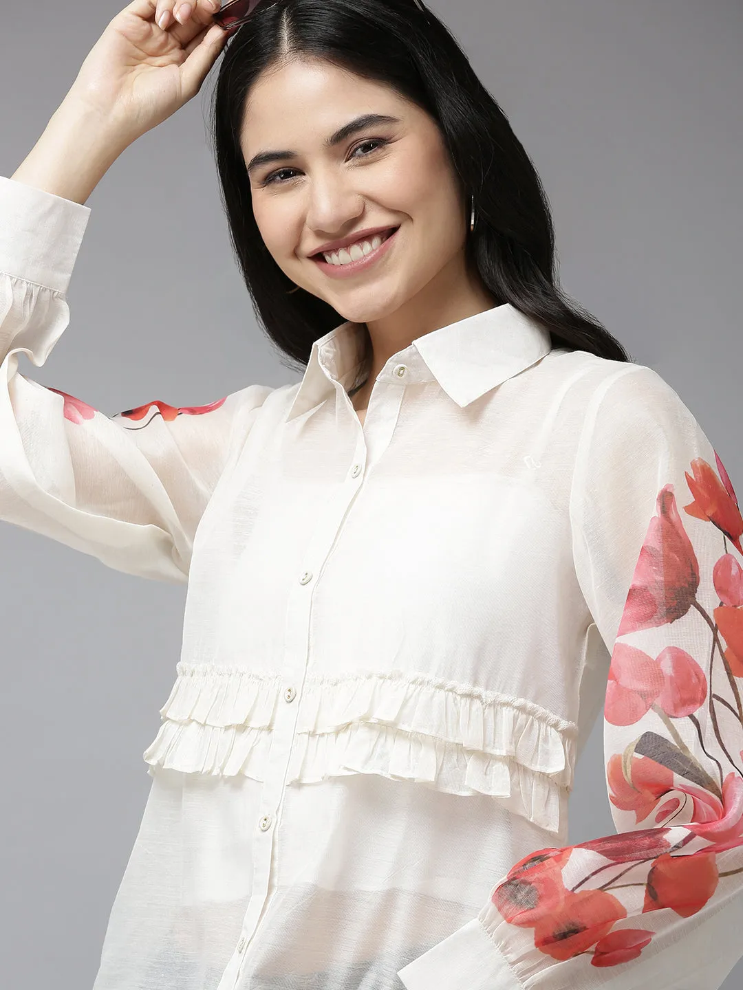 White & Red Floral Detail Ruffles Shirt Style Top