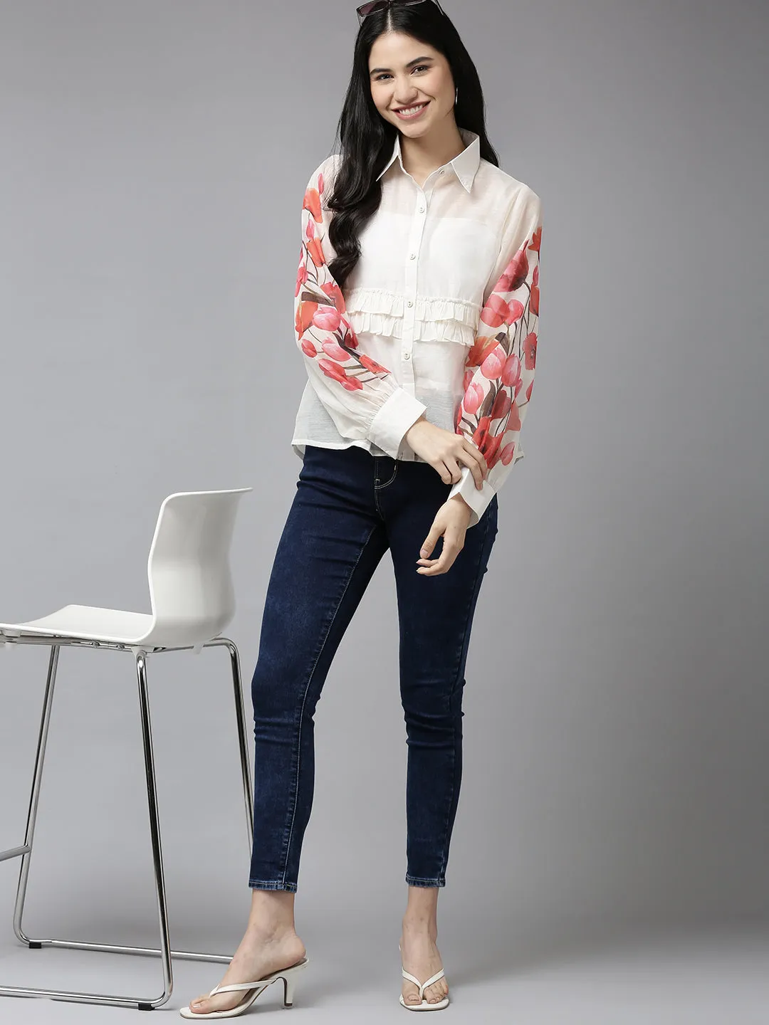 White & Red Floral Detail Ruffles Shirt Style Top