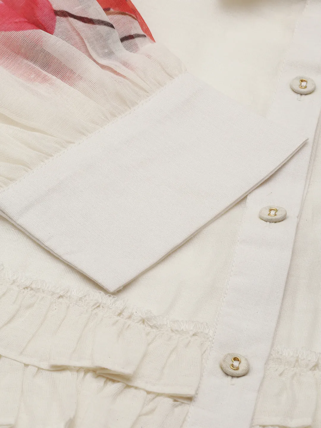 White & Red Floral Detail Ruffles Shirt Style Top