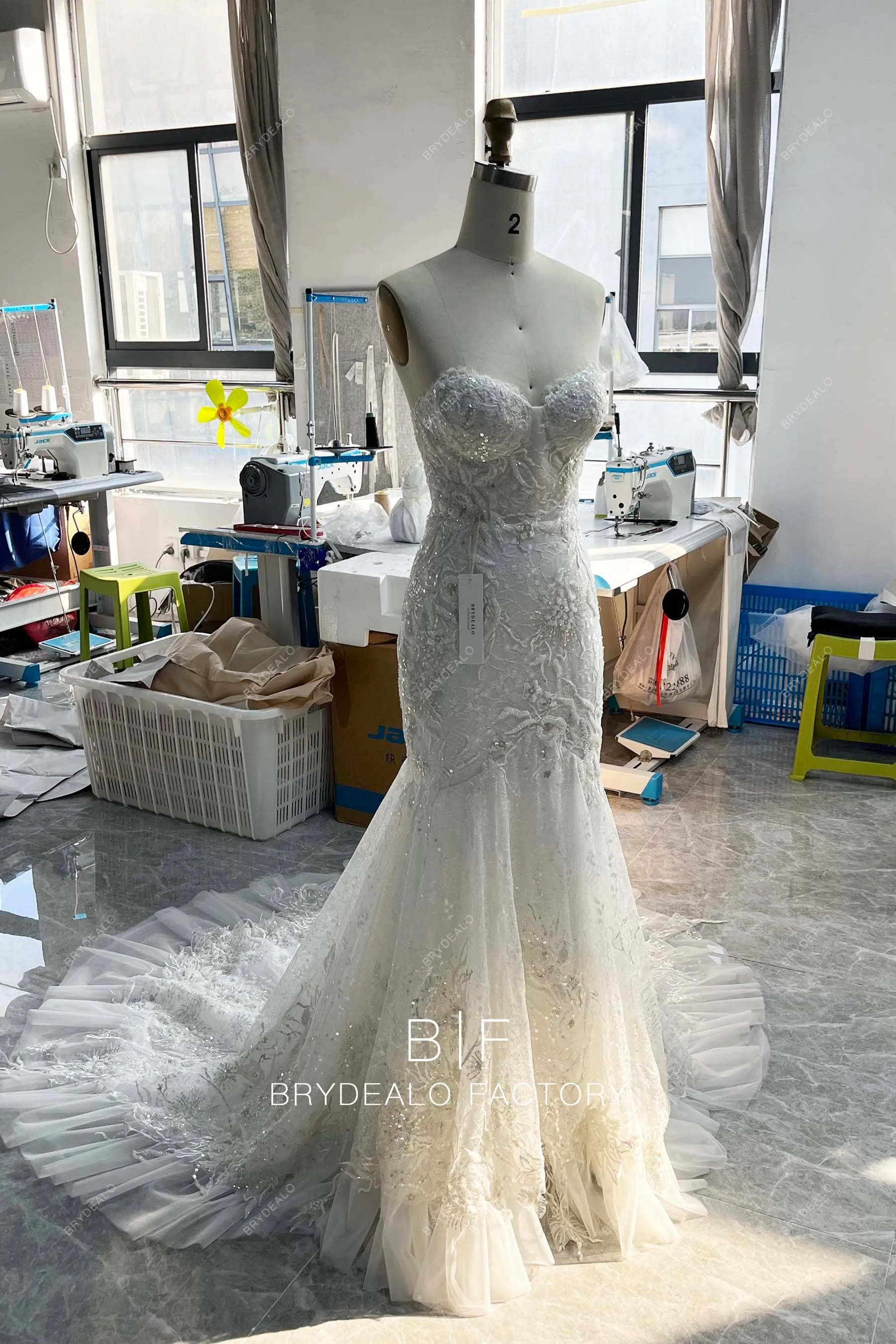 White Mermaid Long Train Lace Up Back Strapless Wedding Gown