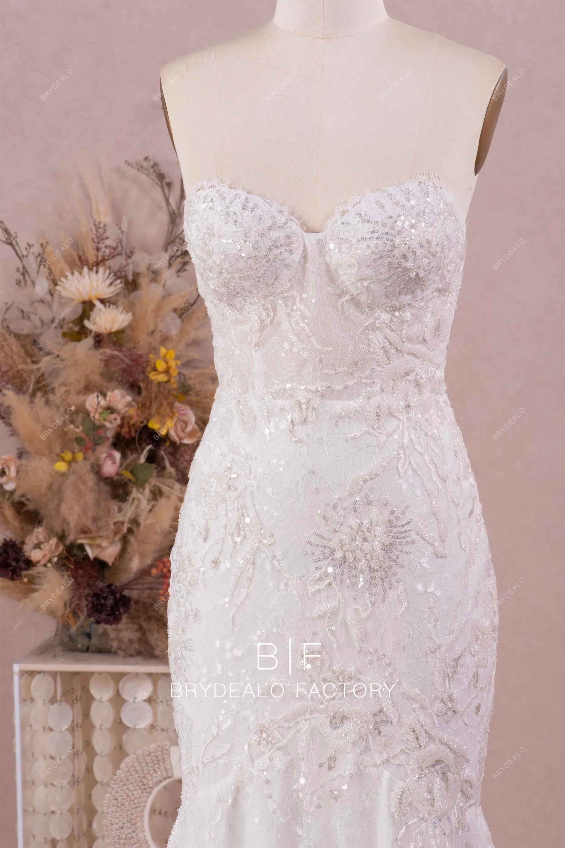 White Mermaid Long Train Lace Up Back Strapless Wedding Gown