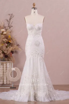 White Mermaid Long Train Lace Up Back Strapless Wedding Gown