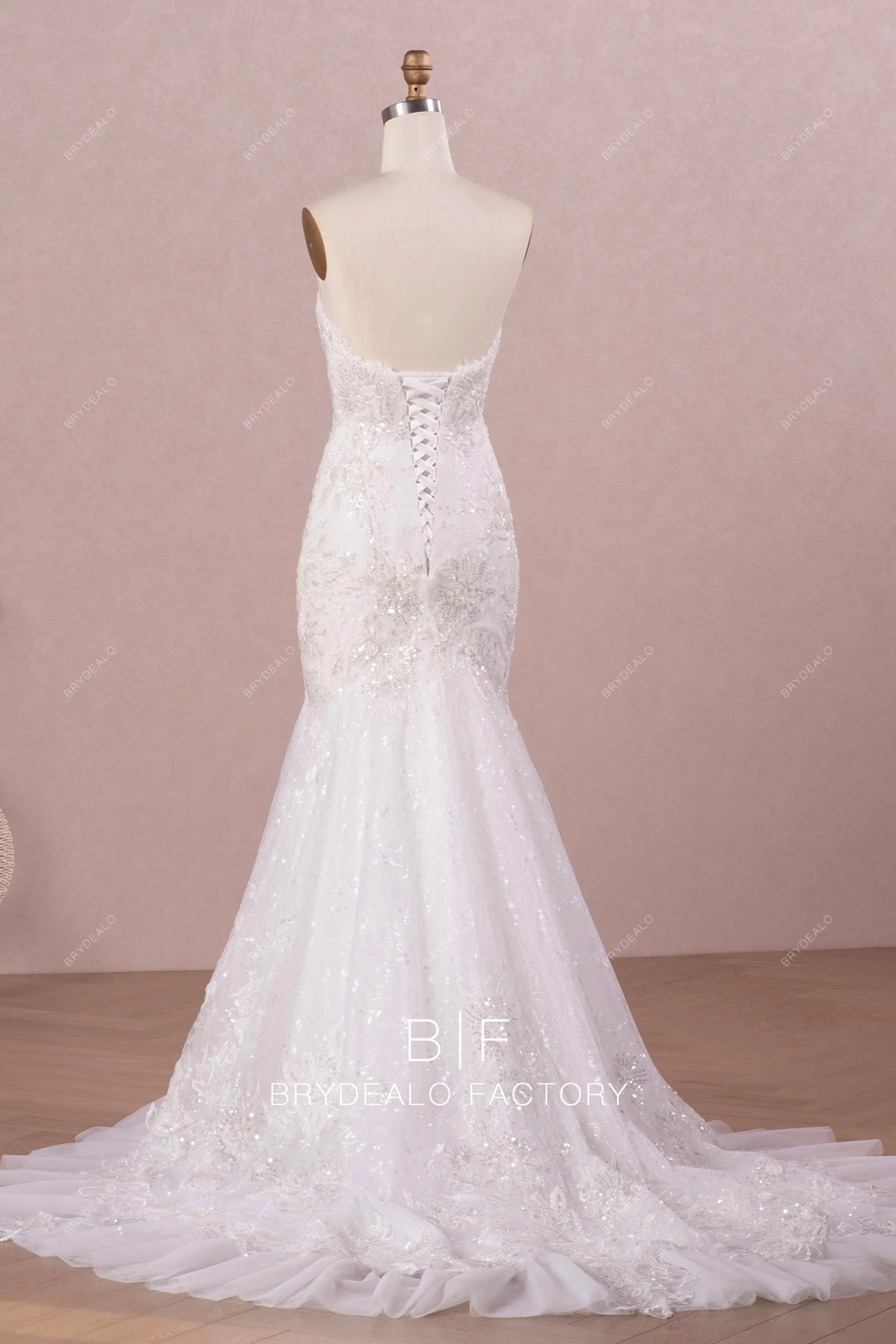 White Mermaid Long Train Lace Up Back Strapless Wedding Gown