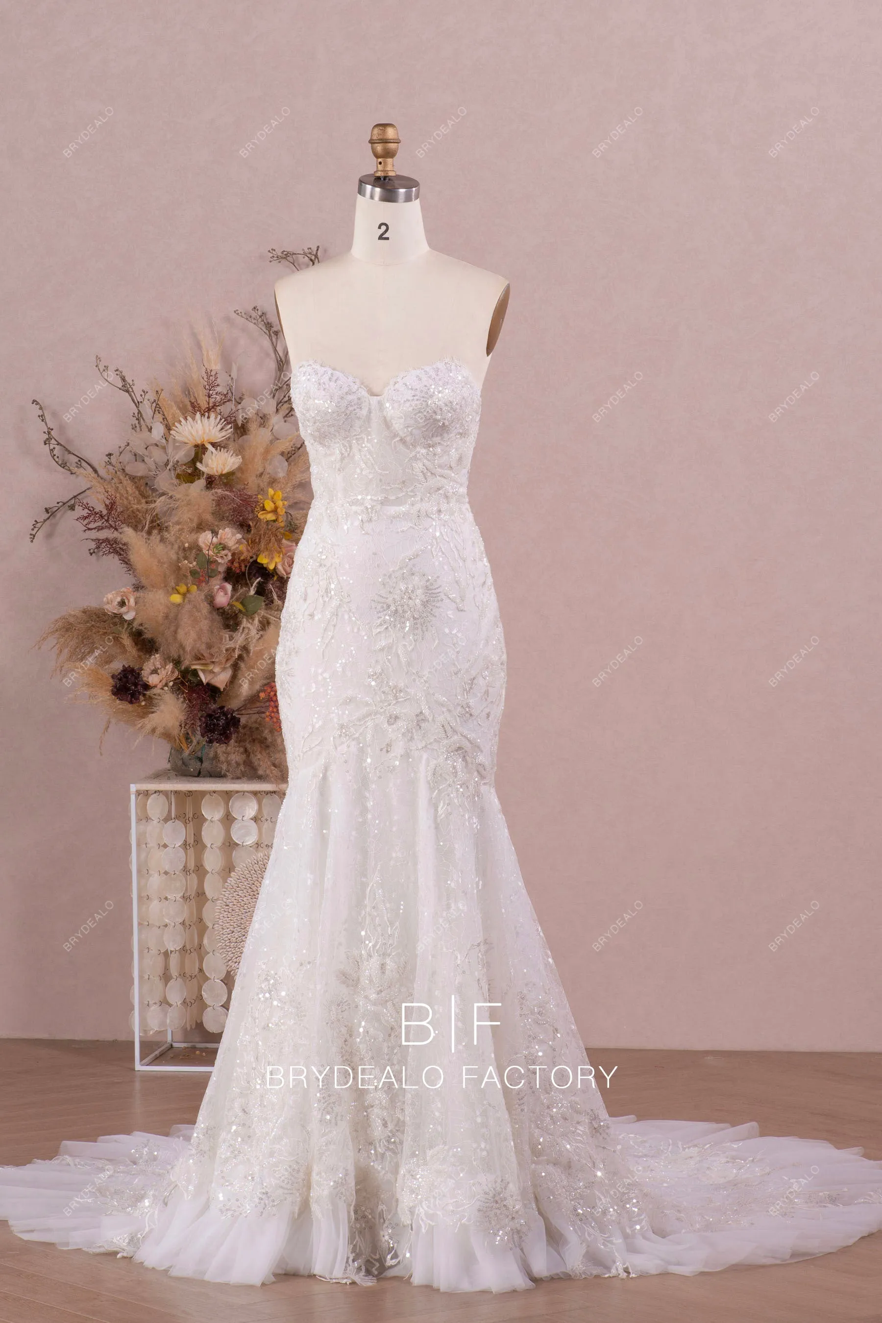 White Mermaid Long Train Lace Up Back Strapless Wedding Gown